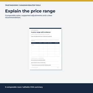 Kit de presentación de propiedades para agentes inmobiliarios / Paquete de citas de 12 páginas en Canva con resumen de análisis comparativo de mercado (CMA), guiones y seguimiento. imagen 4