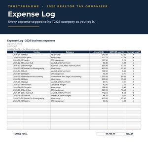 2026 Realtor Tax Organizer | Canadian T2125 Expense Tracker Spreadsheet | GST, Home Office and Vehicle Deductions | Excel & Google Sheets image 4