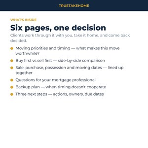 以下が含まれることがあります： TRUETAKEHOMEというタイトルの白い情報ドキュメント。WHAT'S INSIDEとSix pages, one decisionという見出しがあります。引っ越しの優先順位、売買のタイミング比較、住宅ローンに関する質問、バックアッププランに関する6つの箇条書きが記載されています。