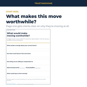 以下が含まれることがあります： What would make moving worthwhile?というタイトルの白い書類。濃い青色のテキストで構成され、現在の住まいの変更点、3つの必須条件、妥協点、引っ越し時期、潜在的な障害について記入するためのセクションと回答用の線が引かれています。