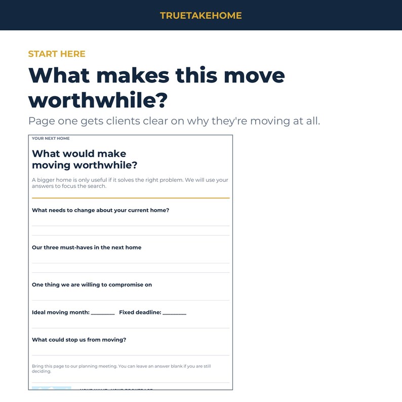 以下が含まれることがあります： What would make moving worthwhile?というタイトルの白い書類。濃い青色のテキストで構成され、現在の住まいの変更点、3つの必須条件、妥協点、引っ越し時期、潜在的な障害について記入するためのセクションと回答用の線が引かれています。