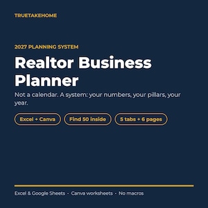 K&ouml;nnte beinhalten: Ein dunkelblauer digitaler Planer f&uuml;r Immobilienmakler mit dem Titel 2027 Planning System Realtor Business Planner. Er enth&auml;lt Text, der besagt, dass es kein Kalender ist, sowie Excel, Canva, Google Sheets, 5 Reiter, 6 Seiten und 50 Inhalte.
