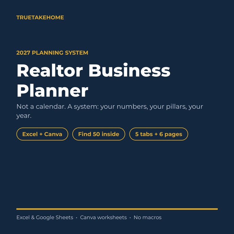 K&ouml;nnte beinhalten: Ein dunkelblauer digitaler Planer f&uuml;r Immobilienmakler mit dem Titel 2027 Planning System Realtor Business Planner. Er enth&auml;lt Text, der besagt, dass es kein Kalender ist, sowie Excel, Canva, Google Sheets, 5 Reiter, 6 Seiten und 50 Inhalte.