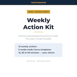 Pode incluir: Um produto digital intitulado Weekly Action Kit para Excel e Google Sheets. Inclui 12 a&ccedil;&otilde;es semanais, 6 modelos Canva prontos para usar e op&ccedil;&otilde;es de 15, 30 ou 60 minutos. O texto indica sem macros e nada para instalar.