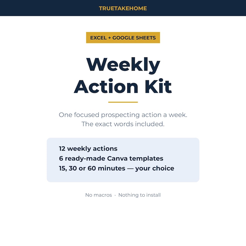 Pode incluir: Um produto digital intitulado Weekly Action Kit para Excel e Google Sheets. Inclui 12 a&ccedil;&otilde;es semanais, 6 modelos Canva prontos para usar e op&ccedil;&otilde;es de 15, 30 ou 60 minutos. O texto indica sem macros e nada para instalar.