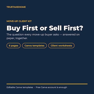 以下が含まれることがあります： TRUETAKEHOME MOVE-UP CLIENT KIT Buy First or Sell First?というタイトルの濃紺のデジタルドキュメント。テキストにはThe question every move-up buyer asks &mdash; answered on paper, together.と記載。6 pages、Canva templates、Client worksheetsが含まれています。