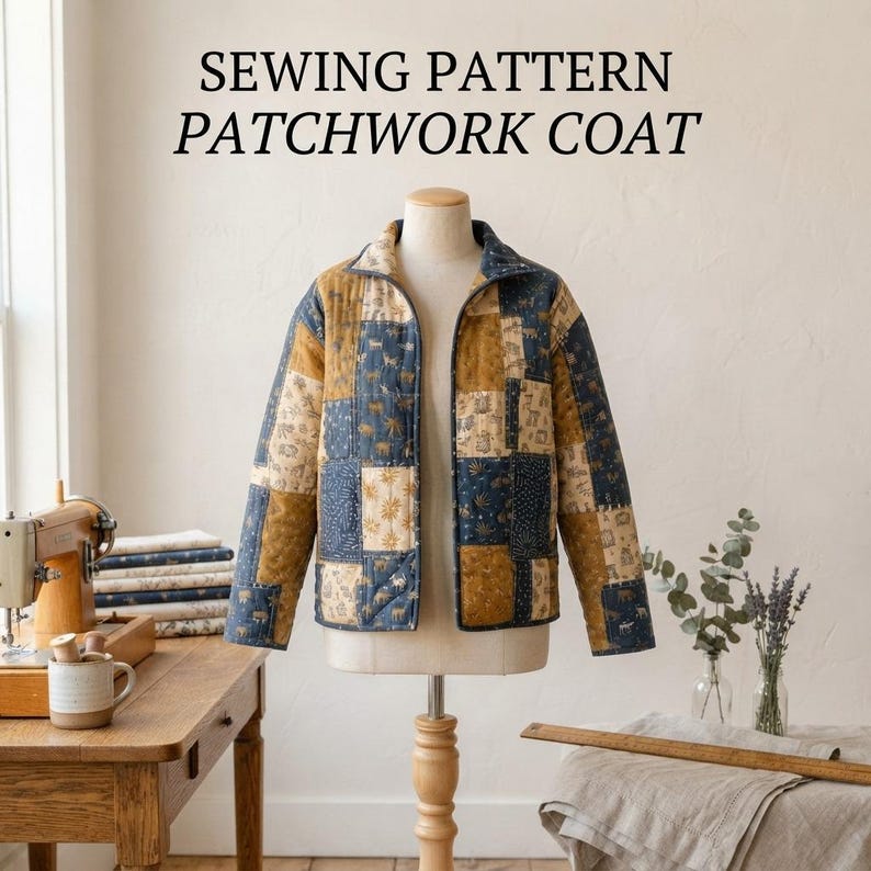 Pode incluir: Um casaco de patchwork com design acolchoado e pain&eacute;is retangulares alternados em tons de amarelo mostarda, azul marinho e creme. O tecido apresenta v&aacute;rios motivos de pequenos animais e estrelas. O texto acima diz SEWING PATTERN PATCHWORK COAT.