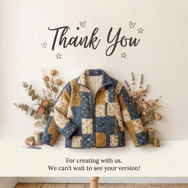 Pode incluir: Uma jaqueta acolchoada com um padr&atilde;o de patchwork de quadrados azuis e amarelo-mostarda com v&aacute;rios pequenos motivos de animais e estrelas. O texto Thank You &eacute; exibido acima da jaqueta, e o texto For creating with us. We can't wait to see your version! &eacute; exibido abaixo.