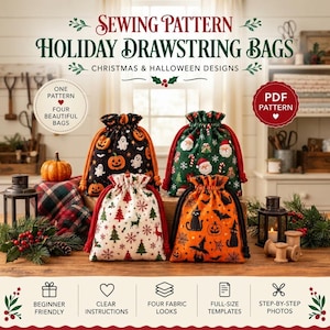 May include: A sewing pattern for holiday drawstring bags featuring four distinct designs: a black Halloween print with pumpkins and ghosts, a green Christmas print with Santa, a white winter print with trees, and an orange Halloween print with cats.