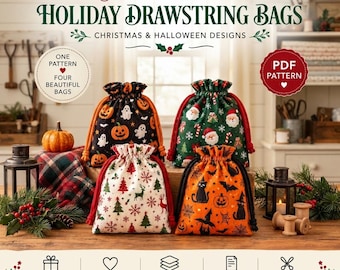 Pode incluir: Um molde de costura para sacos com cordão de férias com quatro designs distintos: uma estampa preta de Halloween com abóboras e fantasmas, uma estampa de Natal verde com o Pai Natal, uma estampa de inverno branca com árvores e uma estampa laranja de Halloween com gatos.