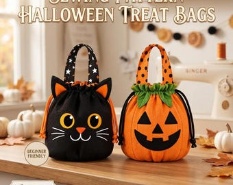 Pode incluir: Dois sacos de tecido para doces de Halloween, um com design de gato preto com orelhas laranja e outro de abóbora com cara de jack-o'-lantern. Ambos os sacos têm fechos de cordão e alças estampadas. Texto: SEWING PATTERN HALLOWEEN TREAT BAGS.
