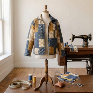 Pode incluir: Um casaco acolchoado com um design de patchwork de quadrados de tecido azul-marinho e amarelo-mostarda com pequenos padr&otilde;es de estrelas e animais dourados. O casaco tem gola, mangas compridas e abertura frontal num manequim.