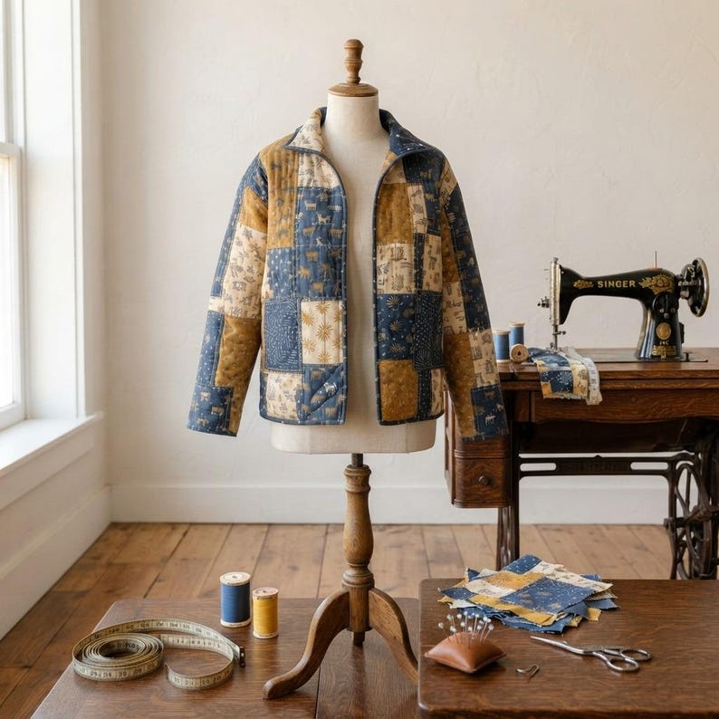 Pode incluir: Um casaco acolchoado com um design de patchwork de quadrados de tecido azul-marinho e amarelo-mostarda com pequenos padr&otilde;es de estrelas e animais dourados. O casaco tem gola, mangas compridas e abertura frontal num manequim.