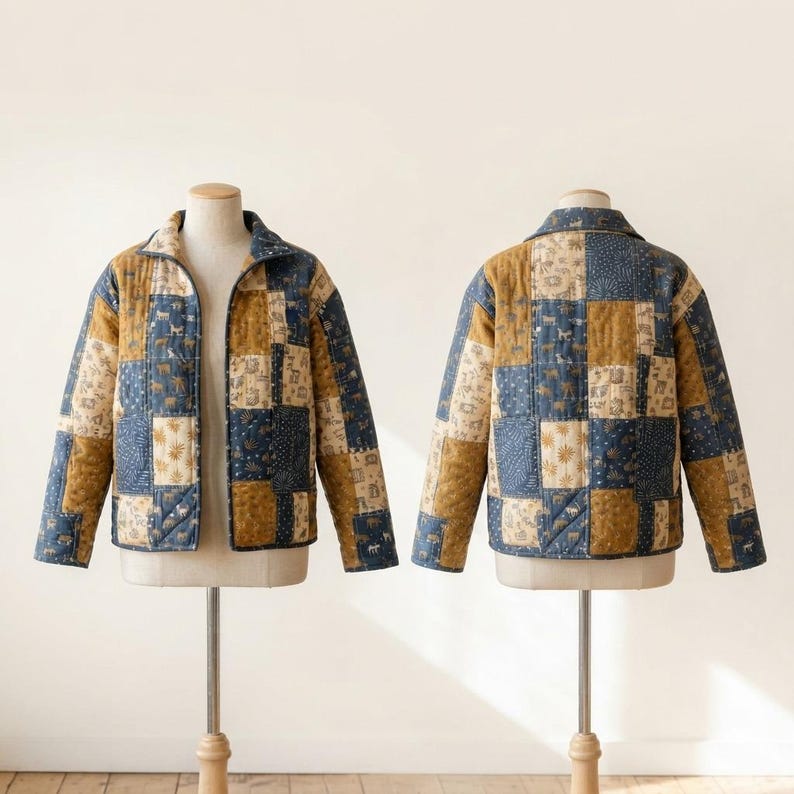 Pode incluir: Um casaco acolchoado com um design de patchwork de quadrados de tecido em amarelo mostarda e azul marinho. O padr&atilde;o inclui v&aacute;rias ilustra&ccedil;&otilde;es de animais e plantas. O casaco tem gola, mangas compridas e uma abertura frontal.