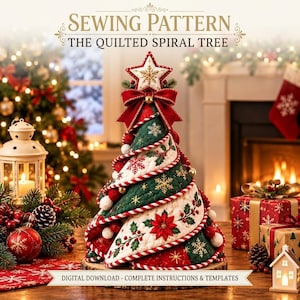 May include: A sewing pattern titled SEWING PATTERN THE QUILTED SPIRAL TREE. The image shows a quilted fabric Christmas tree with a spiral design in red, green, and white, featuring poinsettia and snowflake embroidery, a red bow, and a star topper.