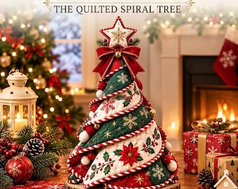 Pode incluir: Um molde de costura intitulado SEWING PATTERN THE QUILTED SPIRAL TREE. A imagem mostra uma árvore de Natal de tecido acolchoado com um design em espiral em vermelho, verde e branco, com bordados de poinsétias e flocos de neve, um laço vermelho e uma estrela.
