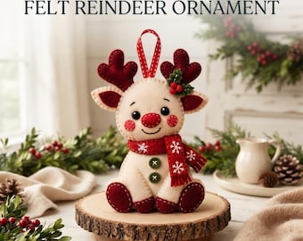 Pode incluir: Um ornamento de rena em feltro com o texto SEWING PATTERN FELT REINDEER ORNAMENT. A rena cor de creme tem chifres vermelho-escuros, um nariz vermelho e um cachecol vermelho com padrões de flocos de neve brancos. Inclui dois botões verdes.