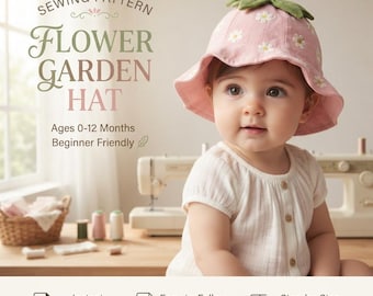 Molde para chapéu bucket de morango, chapéu de sol floral para bebê (download em PDF)