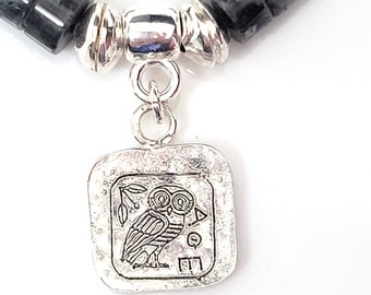 Sterling Silver Owl Coin Bracelet with Black Labradorite