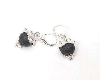 Argentium Silver Pointiller Black Obsidian Drop Earrings