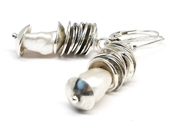 Puddled Argentium and Sterling Silver Earrings with Keishi Pearls