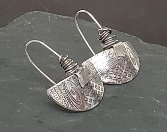 Pattern Half Moon Argentium Silver Earrings