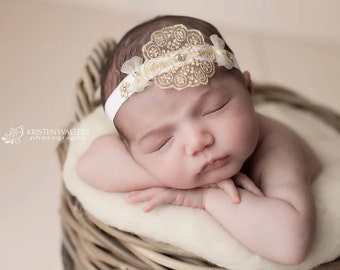 Gold lace baby headband, bow headband, chic crystals headband, new born, accessories, flower girls, photo prop, girls, soft baby headband