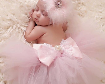 Baby Tutu Headband Set, Swarovski Band, Bow Tutu, Feather Headband, Tutu, Baby girl, New Born, Photo Prop, Free flower or leaf wrap included