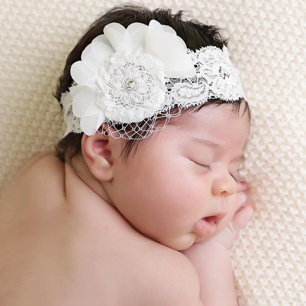 White Chiffon Flower Headband, White Lace Headband, Baby headband, Swarovski Headband, New Born, Baby Girl, Photo Prop