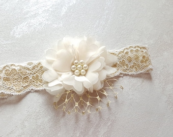 Ivory gold french vail headband, baby girls head band, gold band, ivory band, newborn photography, pearl headband, girls accessories, girls