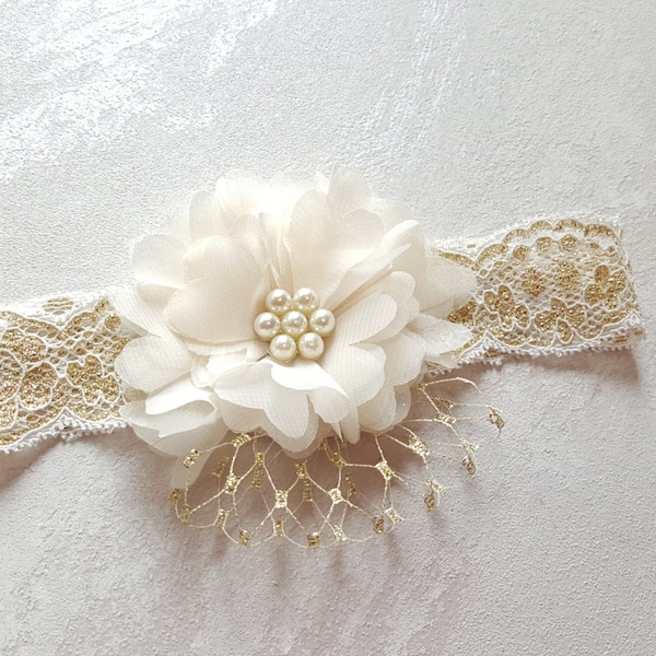 Ivory gold french vail headband, baby girls head band, gold band, ivory band, newborn photography, pearl headband, girls accessories, girls