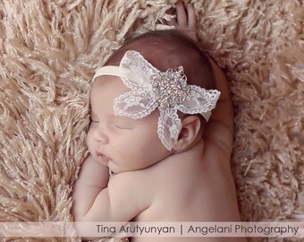 Baby headband, newborn headband, infant headband, toddler band, wedding headband, baptism headband. vintage lace bow headband, photography