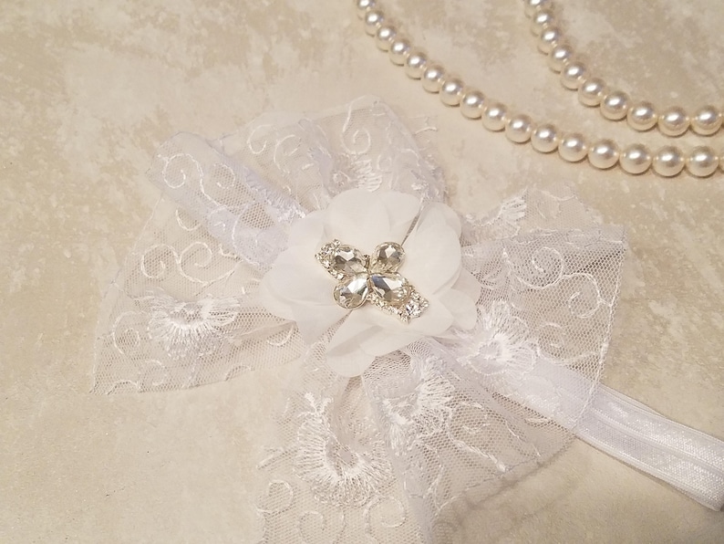 rhinestone headband White chiffon lace headband 1st Birthday girls headband hair accessories photo prop headband toddler headband
