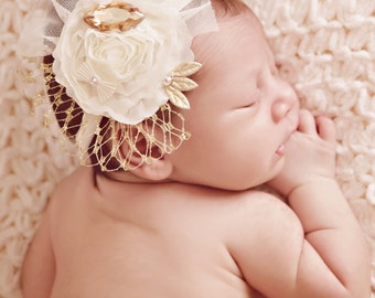 Ivory Chiffon Baby Headband, Gold French Veil, Crystal Flower
