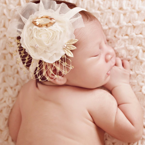 Gold/Ivory Baby Headband, Big Crystal Headband, Elastic Headband, Baby Girl Headband, Great for many Occasions, Photo Prop