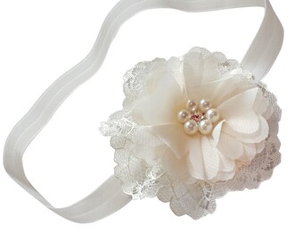 Ivory Lace Baby Headband, Pearl Flower Girl Christening Headband