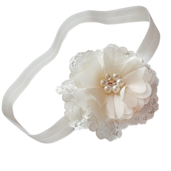 Baby Girl Ivory Flower Lace Christening Headband Halo Baptism Wedding Photo Prop