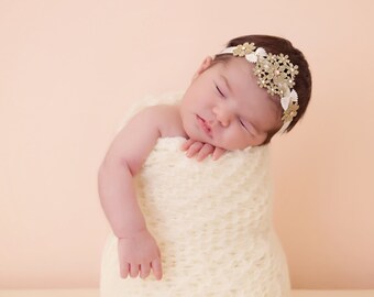 Ivory Chiffon Flower Baby Headband, Gold Rhinestone Headpiece