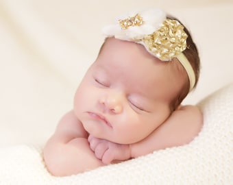 Ivory Organza Baby Headband, Gold Sparkle Crystals, Vintage Style
