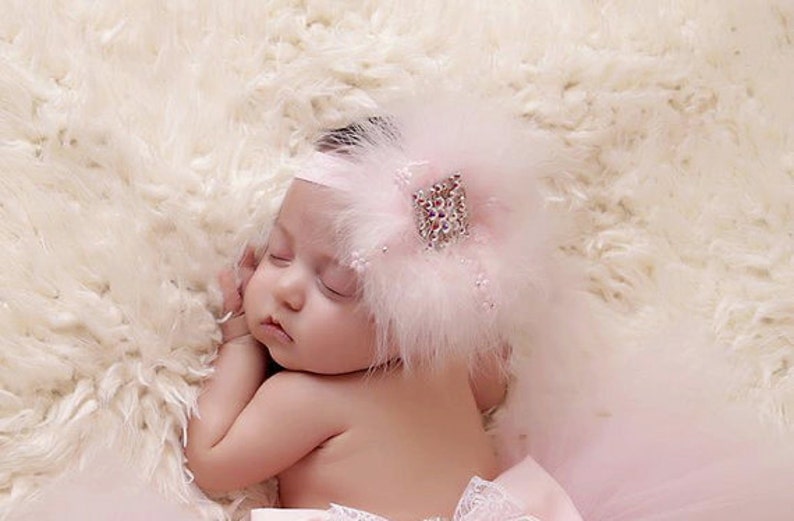 Newborn baby soft headband with Swarovski crystals, feather headband, delicate, Dainty band, christening, birthday, flower girls, photo prop image 1