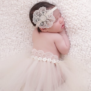 Ivory Newborn tutu with  lace headband, newborn photography, Swarovski crystals, photo prop, baby tutu outfit, handmade tutu, girls band