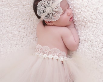 Ivory Newborn tutu with  lace headband, newborn photography, Swarovski crystals, photo prop, baby tutu outfit, handmade tutu, girls band