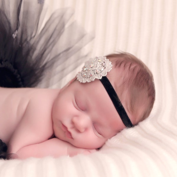 Lace Baby Headband, Baby Headband, Gold or Silver Headband, Swarovski Headband, Elastic Headband, Photo Prop