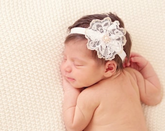 White Headband-Classy Headband-Ivory Headband-Elastic Headband-Newborn Headband-Girl's Headband-Infant Headband-Soft Headband- Lace Flower