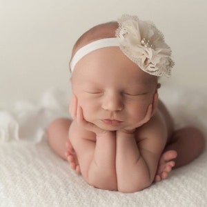 Ivory Lace Pearl Headband, Baby girls Accessories, Newborn photography, Christening, 1st Birthday, Baptism, Flower girls, Photography