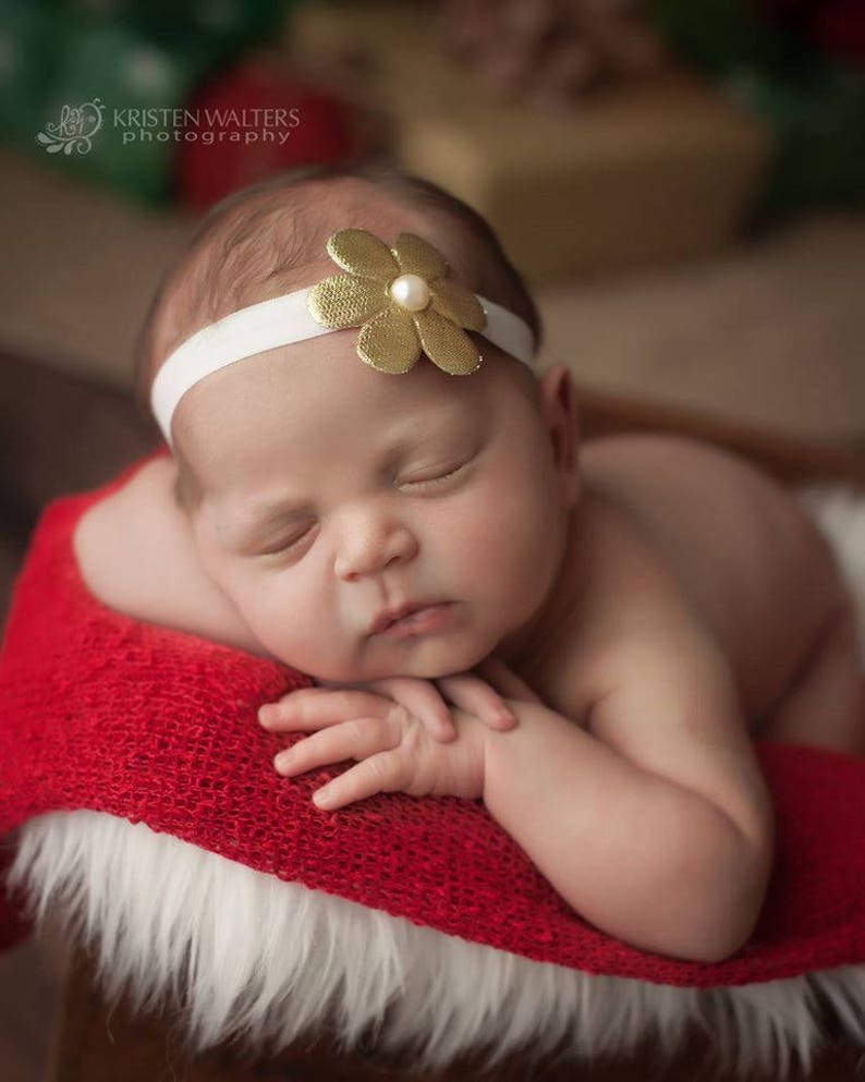flower headband newborn photography flower girls photo prop Gold metallic Flower headband baptism, chic crystals hair accessories