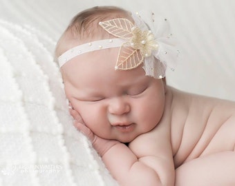 Newborn Baby Girl Headband, Gold Flower Lace, Christening, Baptism, Photo Prop Accessory