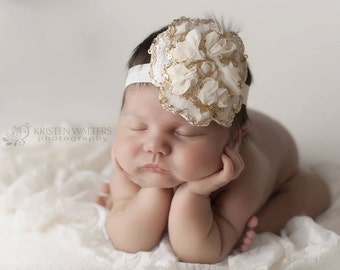 Rosette Flower Headband, Toddler headband, girls headband, infant photography, baby girls headband, 1ST Birthday, Christmas headband, ivory