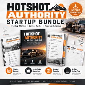 May include: A Hotshot Authority Startup Bundle featuring a spiral-bound startup planner, a central guide, a carrier packet organizer, and a renewal calendar. The materials include text, checklists, and imagery of trucks on roads, designed for business organization.