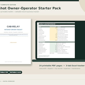 May include: A digital business toolkit for hotshot owner-operators, featuring a printable PDF guide titled CAB-RELAY HOTSHOT DRIVER TOOLKIT and a laptop screen displaying an editable Excel load profit estimator spreadsheet with 24 PDF pages and 5 tabs.